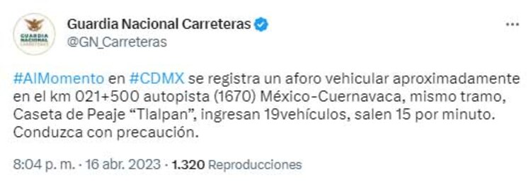 El mensaje en Twitter de Guardia Nacional Carreteras