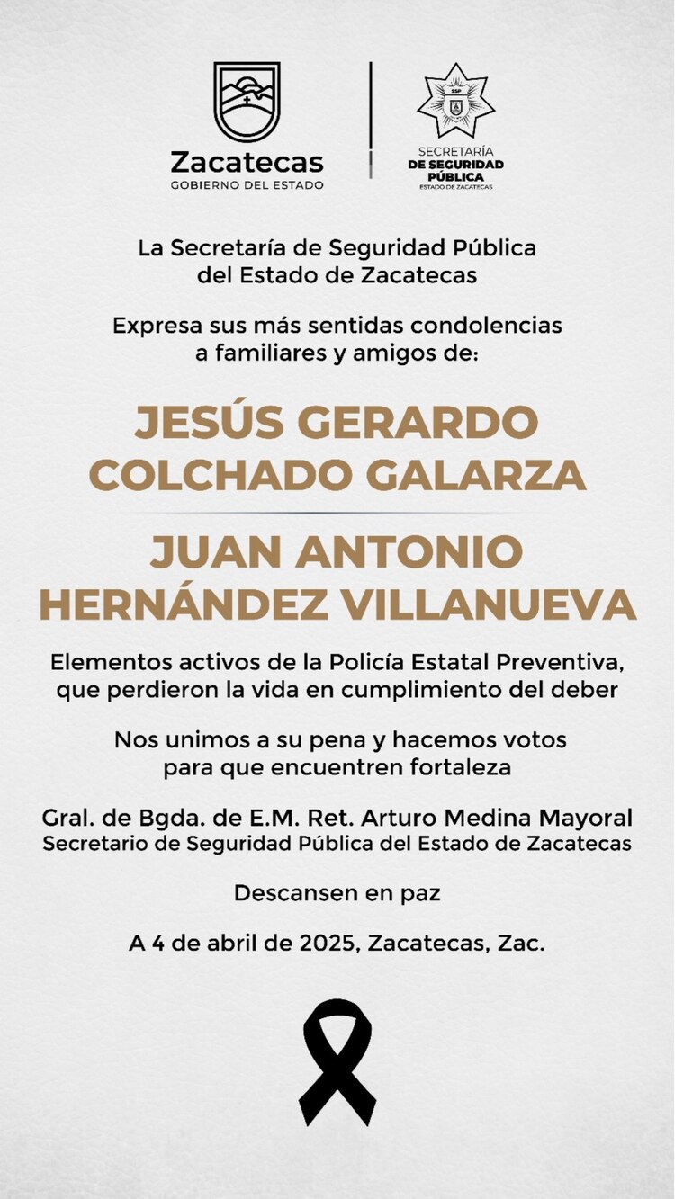 SSP Zacatecas identifica a policías asesinados durante enfrentamiento armado.