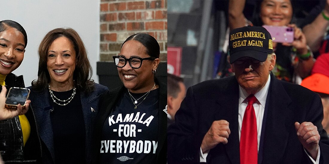 La vicepresidenta rodeada otra vez por mujeres en la recta final, ayer; el magnate adopta una posición de lucha durante un evento en Georgia.