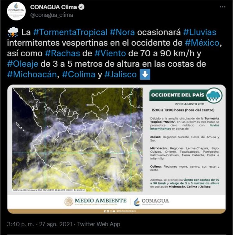 Prevén vientos de hasta 90 kilómetros por hora por "Nora".