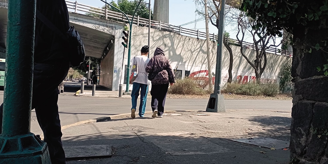 Una enfermera particular camina con una adulta mayor en una zona de hospitales, en Tlalpan, en enero.