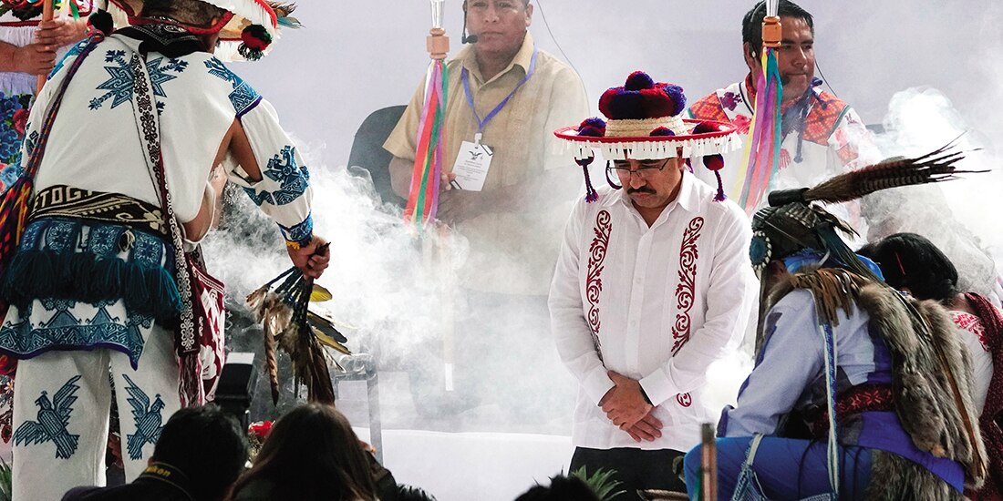 El ministro presidente de la SCJN, Hugo Aguilar, durante la entrega de bastones de mando por pueblos originarios, el 1 de septiembre.
