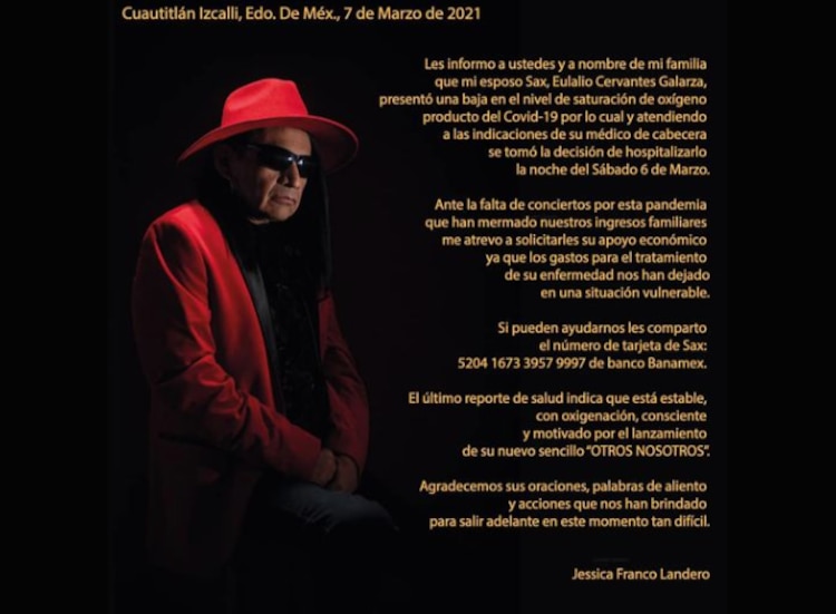 Sax, miembro fundador de Maldita Vecindad, tuvo una baja en su oxigenación.