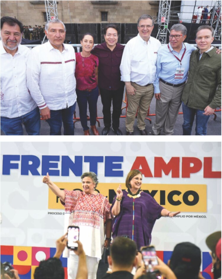 Arriba, los aspirantes de Morena con su dirigente (centro) y abajo, las contendientes del FAM.