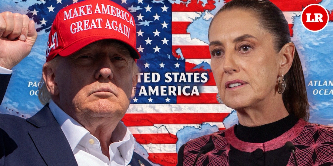 Presidenta Claudia Sheinbaum y su homólogo Donald Trump, con un mapa al fondo en el que México aparece anexado a EU.