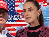 Presidenta Claudia Sheinbaum y su homólogo Donald Trump, con un mapa al fondo en el que México aparece anexado a EU.