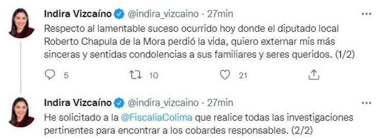 El mensaje en Twitter de la gobernadora de Colima tras el asesinato de Roberto Chapula
