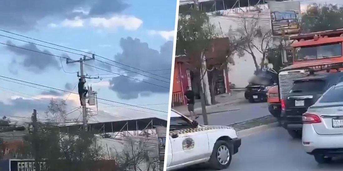Hombre intenta huir de la policía escalando un poste pero termina electrocutado.