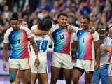 Francia celebra su victoria sobre Fiji en la final del torneo varonil de rugby 7 de París 2024.