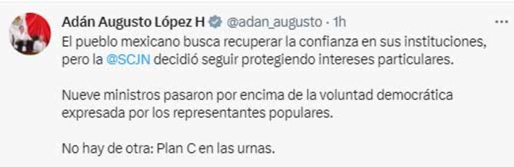 El mensaje del secretario de Gobernación, Adán Augusto López hernández , en redes sociales
