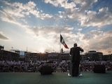 Presidente López Obrador durante la concentración masiva en el Zócalo capitalino.