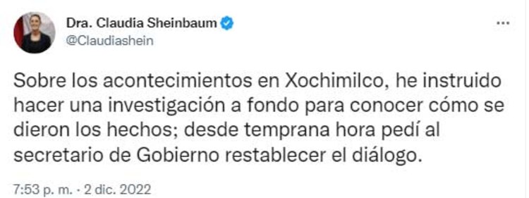 El mensaje en Twitter de la jefa de Gobierno, Claudia Sheinbaum