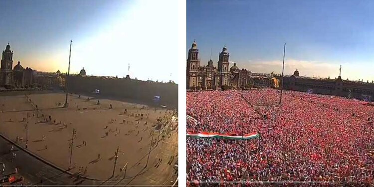 Un Timelapse grabado este domingo 26 de febrero muestra cómo se llenó el Zócalo de la CDMX por la concentración de ciudadanos a favor del INE
