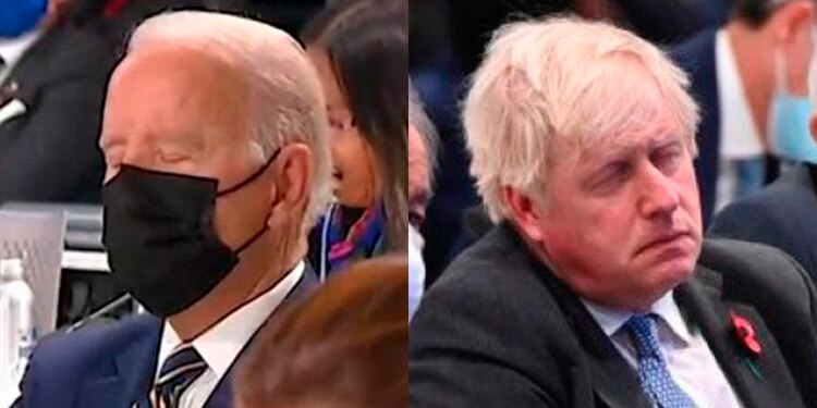Joe Biden y Boris Johnson captados con los ojos cerrados durante la COP26.