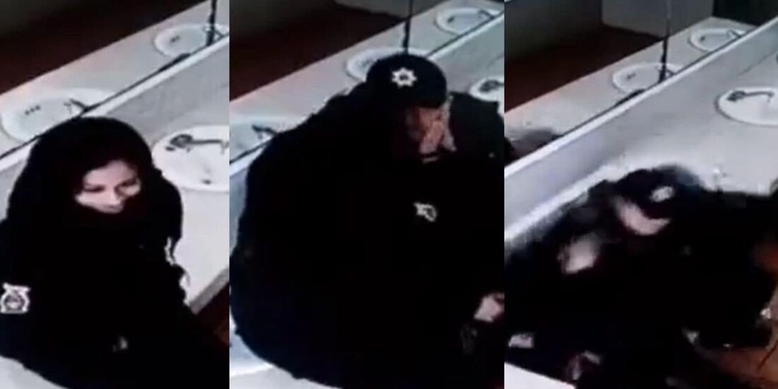 Una pareja de policías derrumbó el lavamanos de un baño público mientras se besaban.