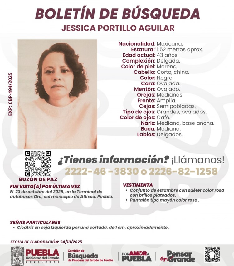 Boletín de búsqueda de la maestra Jessica Portillo Aguilar