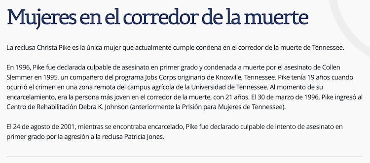 Información de Christa Pike del Departamento de Correccionales de Tennessee