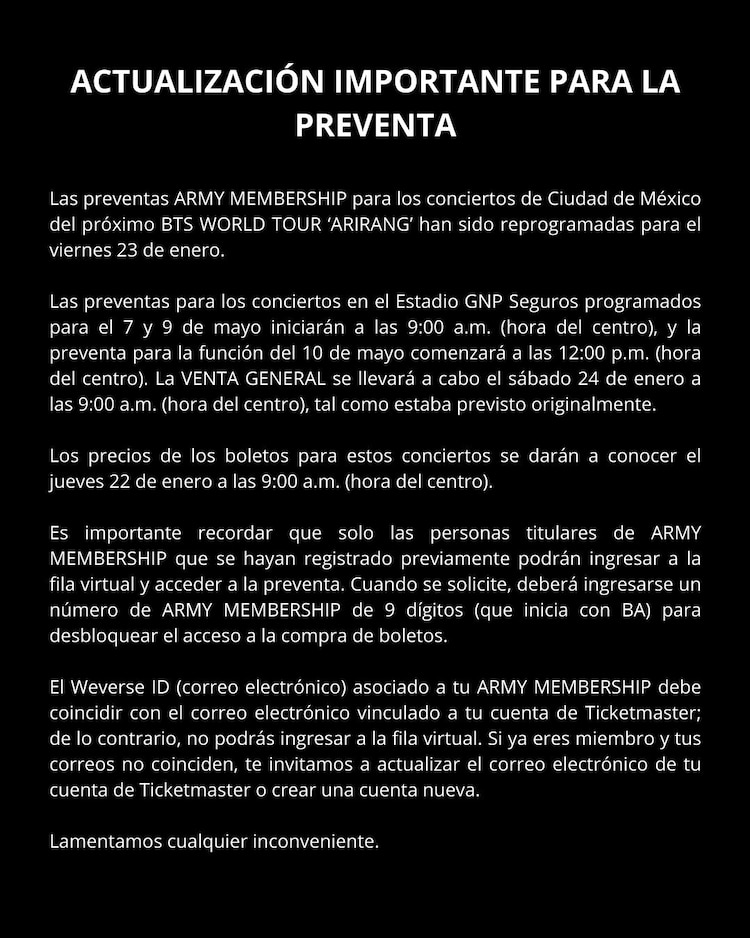 Mensaje de Ocesa para cambiar fechas de preventas