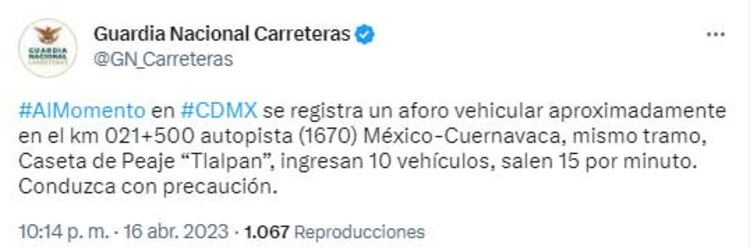 El mensaje en Twitter de Guardia Nacional Carreteras