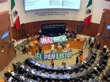 Senadores del PAN se plantan en la tribuna con pancartas a favor del INAI; afirman que no se moverán hasta que el tema no sea votado.
