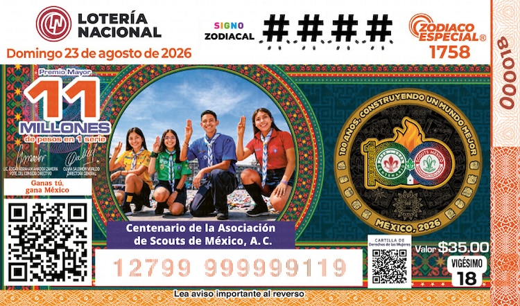 El billete del Sorteo Zodiaco Especial 1758 estuvo dedicado al Centenario de la Asociación de Scouts de México.
