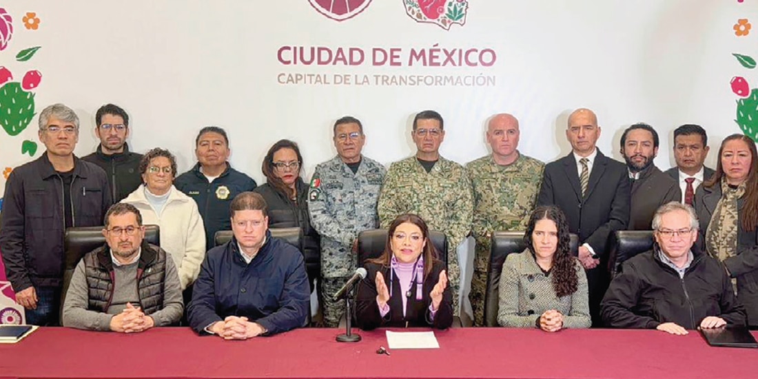Clara Brugada junto al Gabinete de Seguridad, ayer, en un videomensaje.