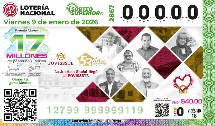El billete del Sorteo Superior 2867 está dedicado al 53 aniversario del FOVISSSTE (Fondo de la Vivienda del ISSSTE).