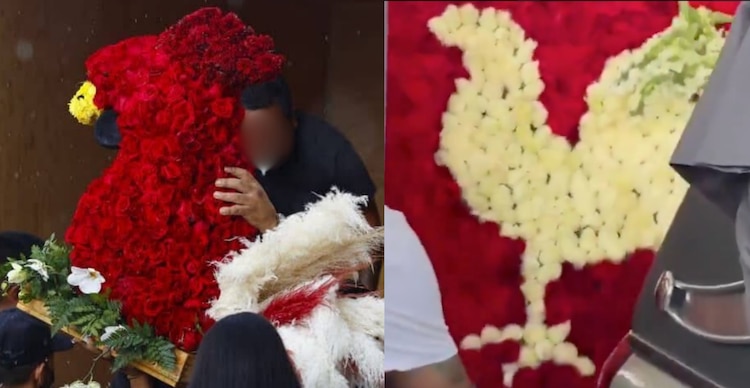 Arreglos de flores con gallos durante el funeral de "El Mencho"