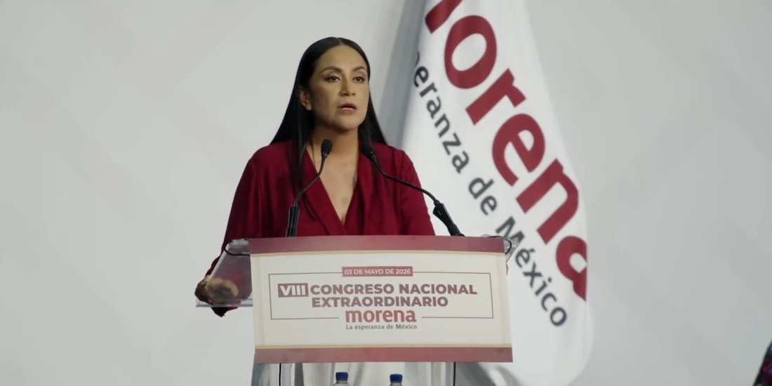 Ariadna Montiel, en un discurso frente a militantes de Morena tras asumir como dirigente nacional, el 3 de mayo de 2026.