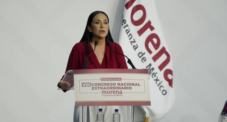 Ariadna Montiel, en un discurso frente a militantes de Morena tras asumir como dirigente nacional, el 3 de mayo de 2026.
