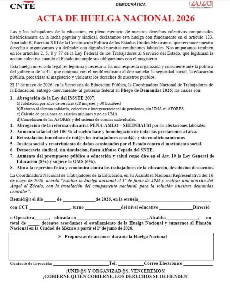 Acta de Huelga Nacional 2026 CNTE