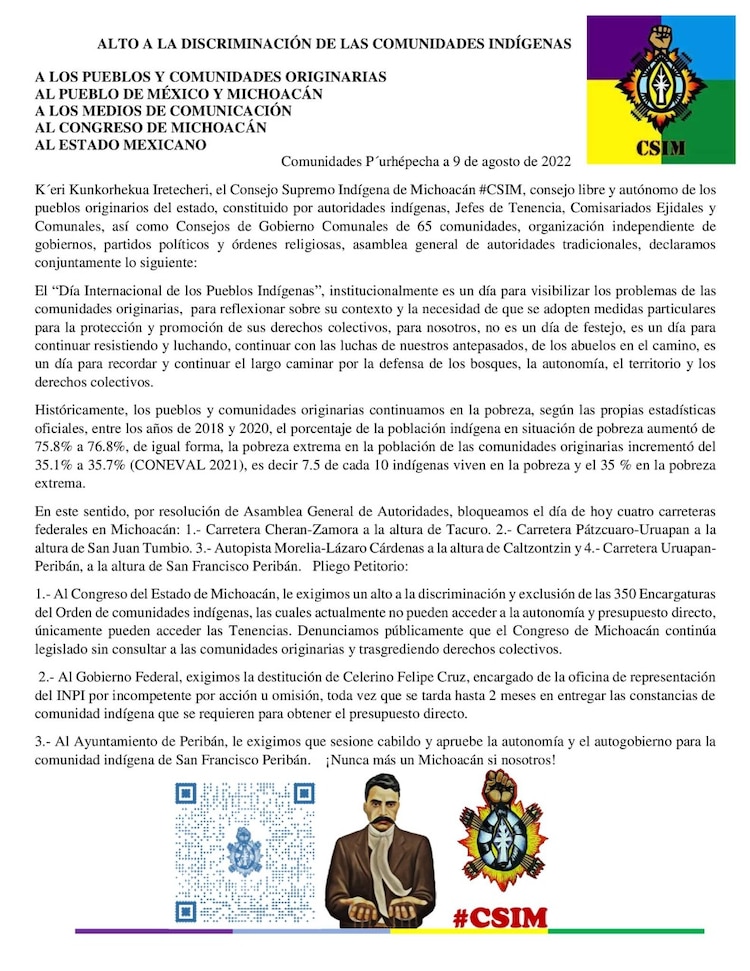 Comunicado del Consejo Supremo Indígena de Michoacán en el que piden cese la discriminación