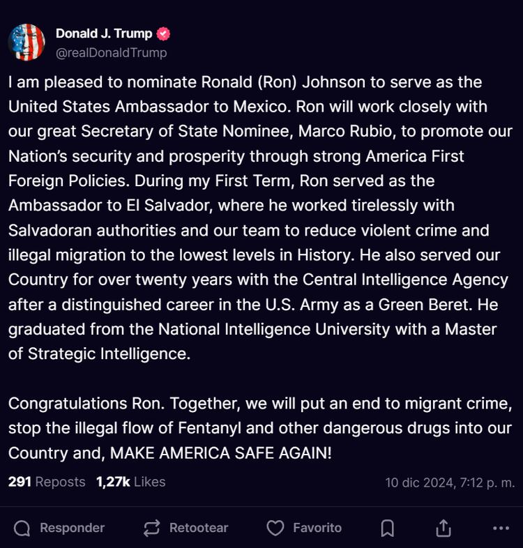 Trump anunció la nominación de Ron Johnson a través de la red social Truth.