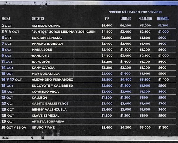 Precios del Palenque Fiestas de Octubre 2026