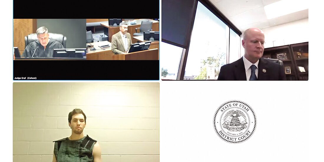 Supuesto homicida aparece en video desde la cárcel durante su primera comparecencia ante el Tribunal de Justicia del Condado de Utah en Provo, ayer.