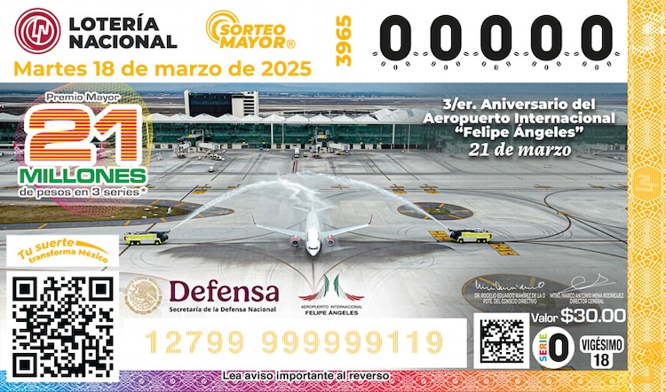 El Sorteo Mayor 3965 conmemora el tercer aniversario del Aeropuerto Felipe Ángeles (AIFA), inaugurado en octubre del 2019.
