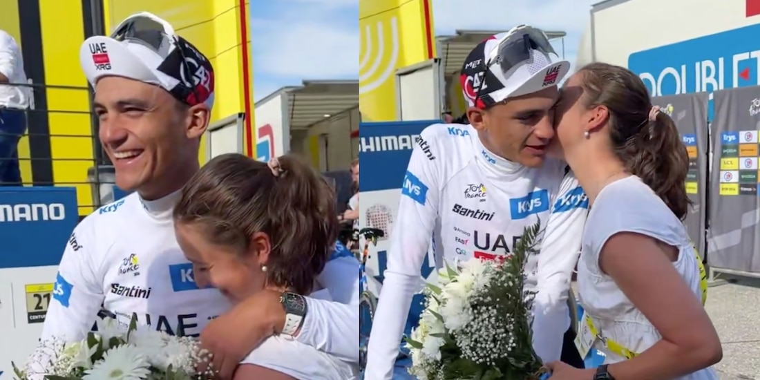 El ciclista mexicano compartió un emotivo abrazo y un beso con Romina Hinojosa después de recuperar el liderato de la clasificación de los jóvenes.