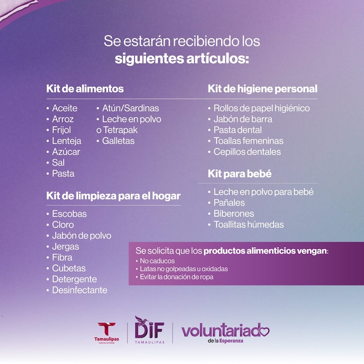 Llaman a donar artículos de higiene personal,
de limpieza y alimentos no perecederos.