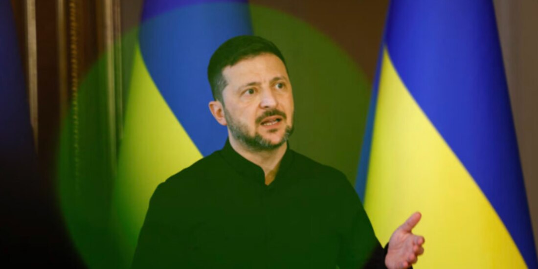 El presidente de Ucrania, Volodimir Zelenski, en conferencia de prensa, ayer.