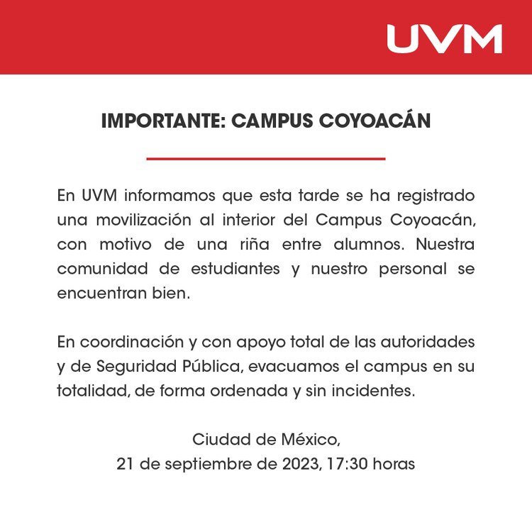 Riña entre estudiantes de UVM provoca desalojo del Campus Coyoacán.
