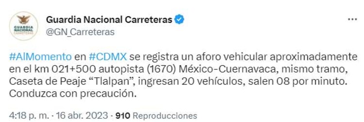 El mensaje en Twitter de Guardia Nacional Carreteras
