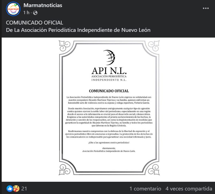 Marmat Noticias compartió el comunicado de la Asociación Periodística Independiente de Nuevo León.