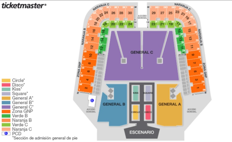 Mapa publicado por Ticketmaster para el concierto de Harry Styles en México