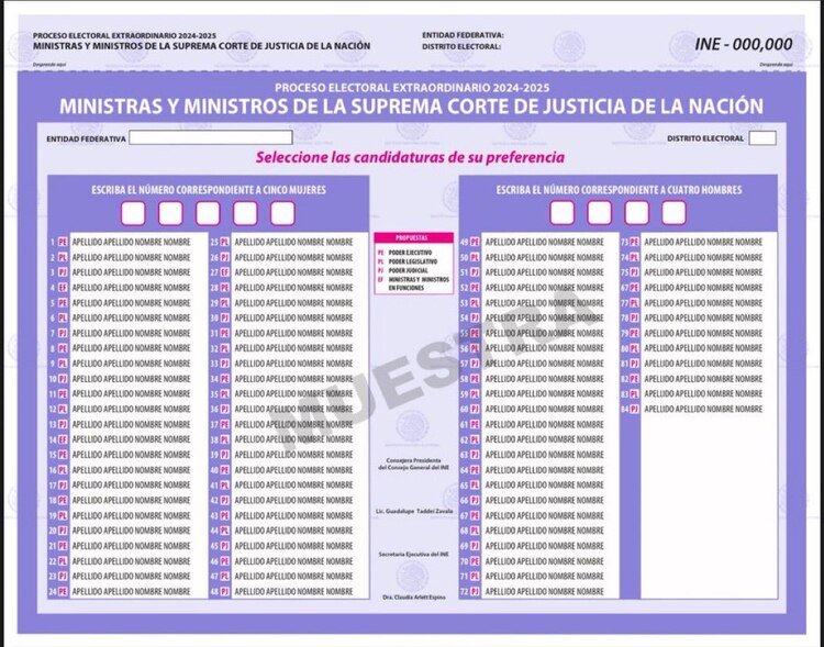 Formato de boletas para la elección de jueces propuesto por el INE.