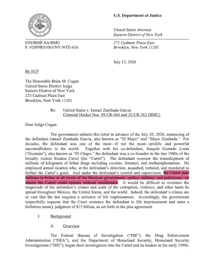 Carta de la Fiscalía del Distrito Este de Nueva York donde se pide la cadena perpetua.