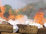 Un militar frente a más de una tonelada de narcóticos que están siendo incinerados, en octubre pasado.