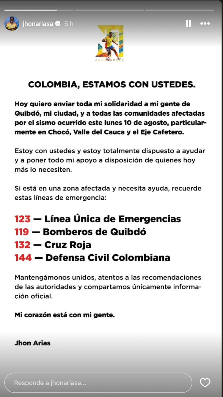 Jhon Arias mandó un mensaje de solidaridad por el terremoto en Colombia.