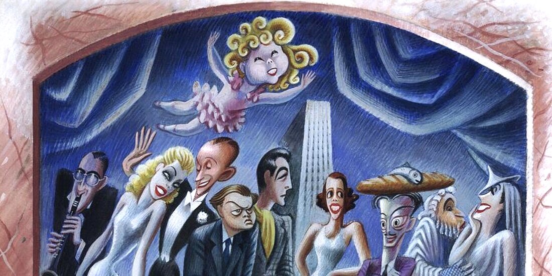 Miguel Covarrubias, celebridades de Estados Unidos: Benny Goodman, Ginger Rogers, Fred Astaire, Orson Welles, Robert Taylor, Salvador Dalí y (en el aire) Shirley Temple, entre otros, Vogue, 15 de mayo, 1938.