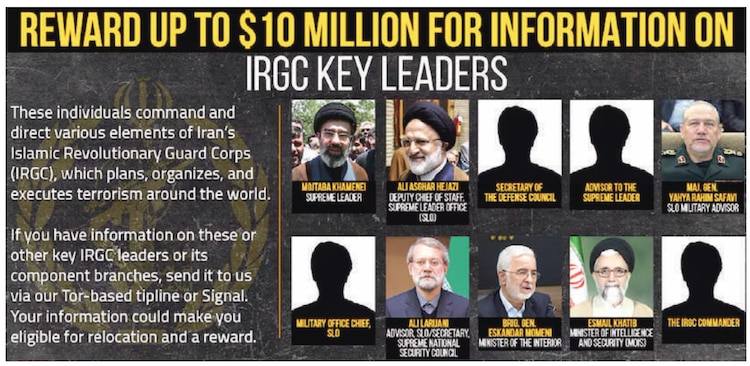 ANUNCIO del Programa de Re- compensas en el que pide informa- ción por los líderes iraníes.
