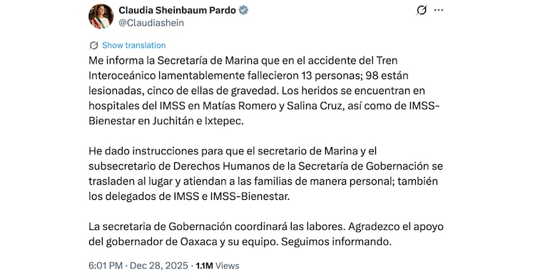 Publicación de la Presidenta sobre el accidente del Tren Interoceánico